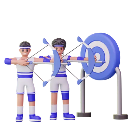 Male Athletes With Bow And Arrow Pointing At Target  3D Illustration