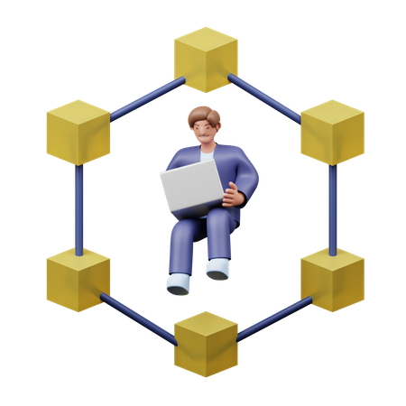 Male Bitcoin Developer Working On Blockchain Network On Laptop  3D Illustration