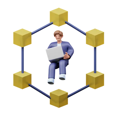 Male Bitcoin Developer Working On Blockchain Network On Laptop  3D Illustration