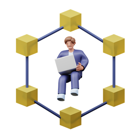 Male Bitcoin Developer Working On Blockchain Network On Laptop  3D Illustration