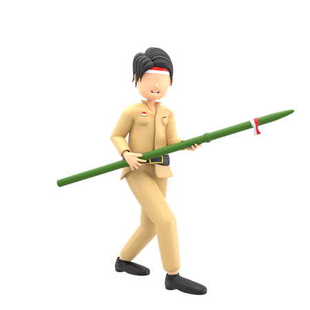 Male celebrating Indonesian independence with bamboo  3D Illustration