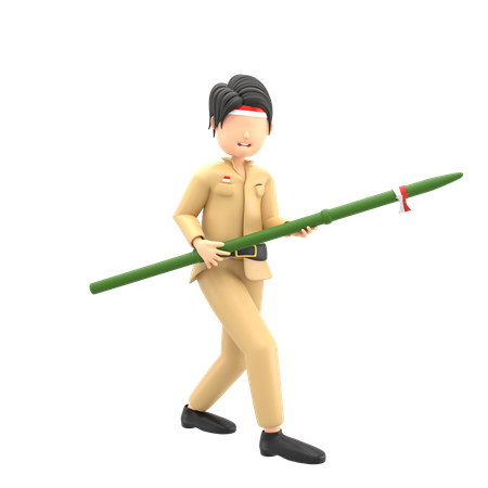 Male celebrating Indonesian independence with bamboo 3D Illustration