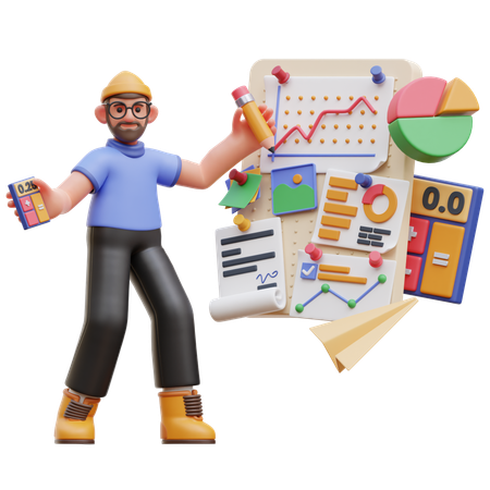 Male Character Analyzing Business Data  3D Illustration