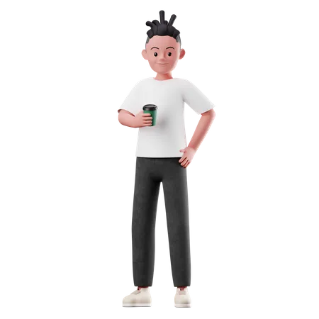 Male Character Holding Coffee Cup  3D Illustration