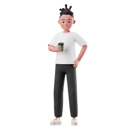 Male Character Holding Coffee Cup 3D Illustration