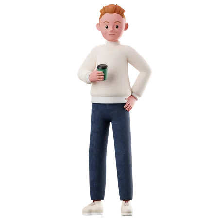 Male Character Holding Coffee Cup  3D Illustration