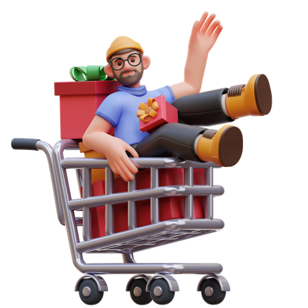 Male Character Shopping Cart With Gifts  3D Illustration