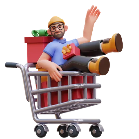 Male Character Shopping Cart With Gifts  3D Illustration