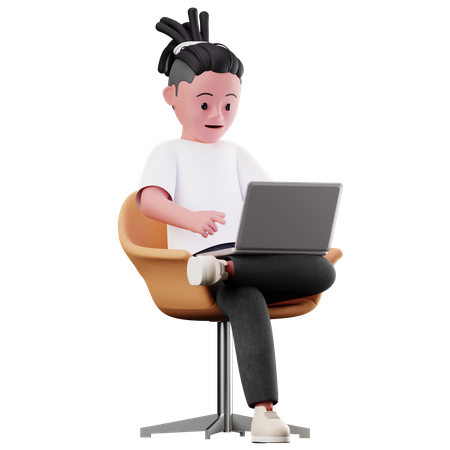 Male Character Sitting and Using Laptop  3D Illustration