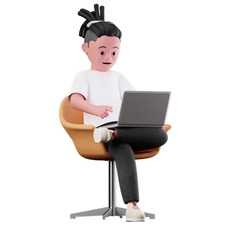 Male Character Sitting and Using Laptop  3D Illustration