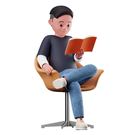 Male Character Sitting On Chair And Reading A Book  3D Icon