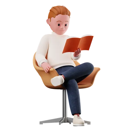 Male Character Sitting On Chair And Reading A Book  3D Illustration