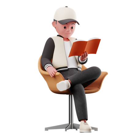 Male Character Sitting On Chair And Reading A Book  3D Illustration