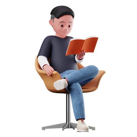 Male Character Sitting On Chair And Reading A Book  3D Illustration