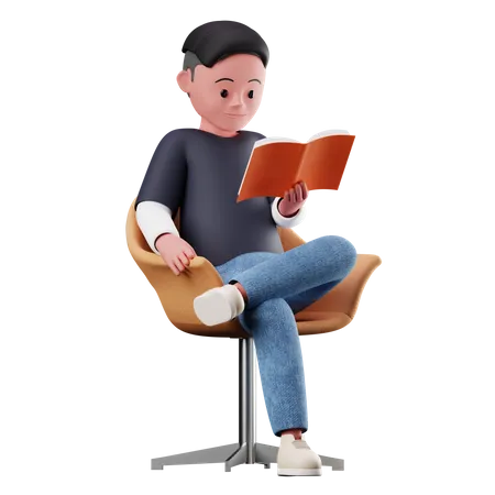 Male Character Sitting On Chair And Reading A Book  3D Illustration