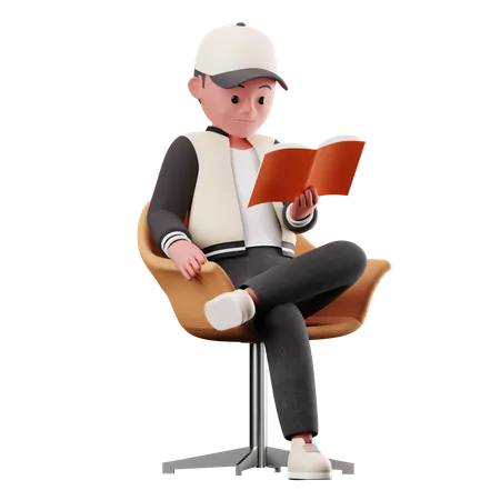 Male Character Sitting On Chair And Reading A Book 3D Illustration