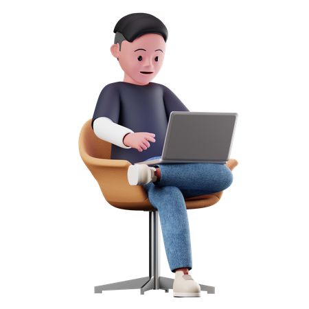 Male Character Sitting on chair And Using Laptop  3D Illustration