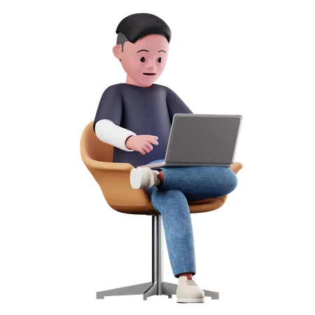 Male Character Sitting on chair And Using Laptop  3D Illustration