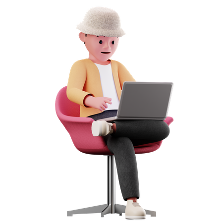 Male Character Sitting on chair And Using Laptop  3D Illustration