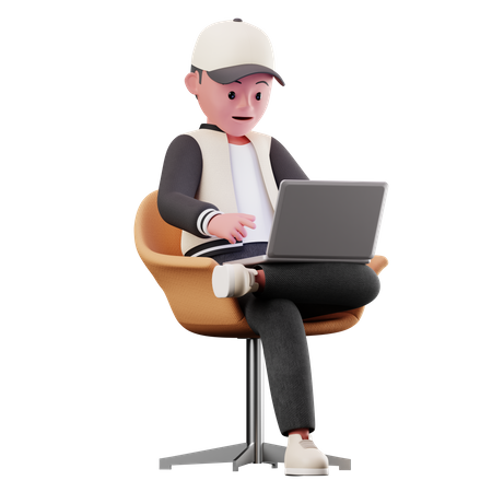 Male Character Sitting on chair And Using Laptop  3D Illustration