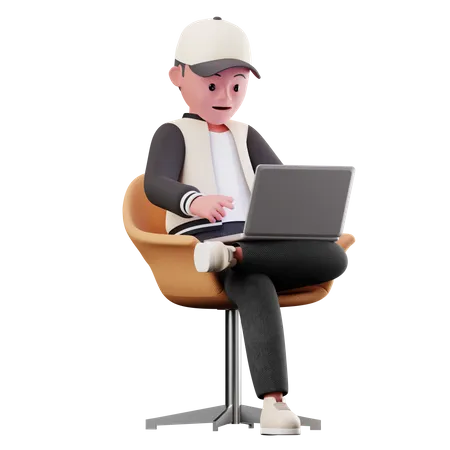 Male Character Sitting on chair And Using Laptop  3D Illustration