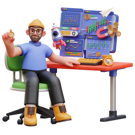 Male Character Trading Cryptocurrency At A Desk  3D Illustration