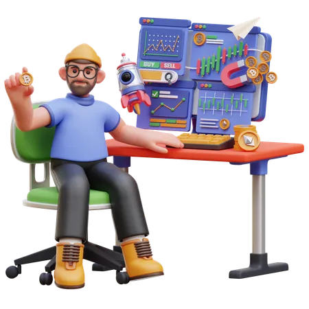 Male Character Trading Cryptocurrency At A Desk  3D Illustration