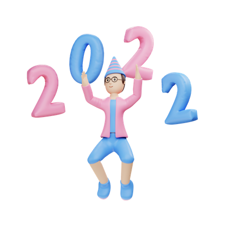 Male character with 2022 balloons  3D Icon