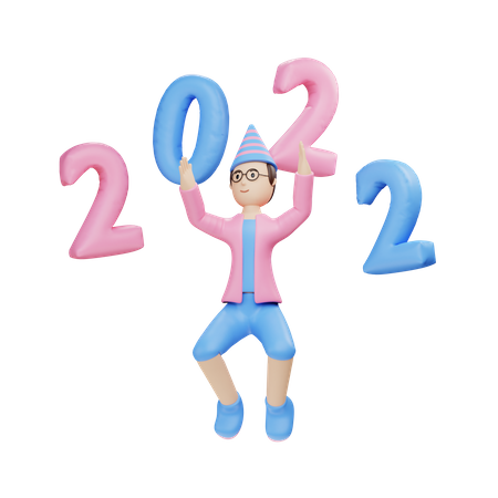 Male character with 2022 balloons 3D Illustration