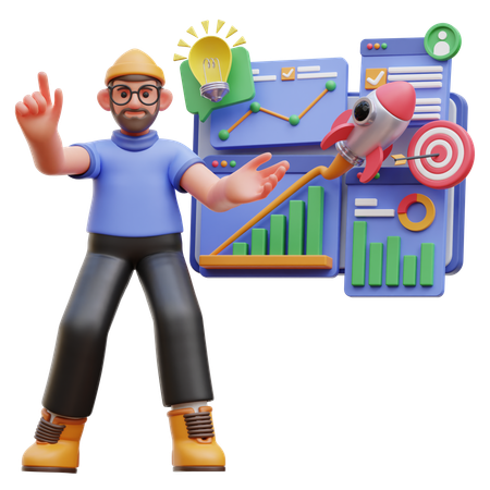 Male Character With Data Analytics Visual  3D Illustration