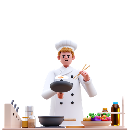 Male Chef Cooking In Frying Pan  3D Icon