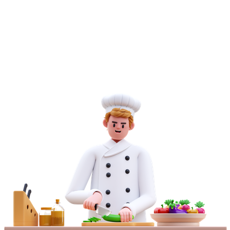 野菜を切る男性シェフ  3D Illustration