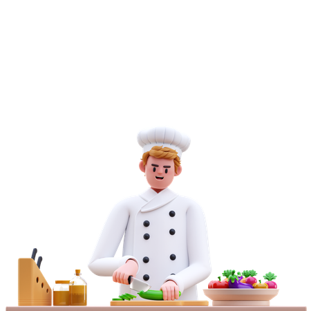 Male Chef Cutting Vegetable  3D Illustration