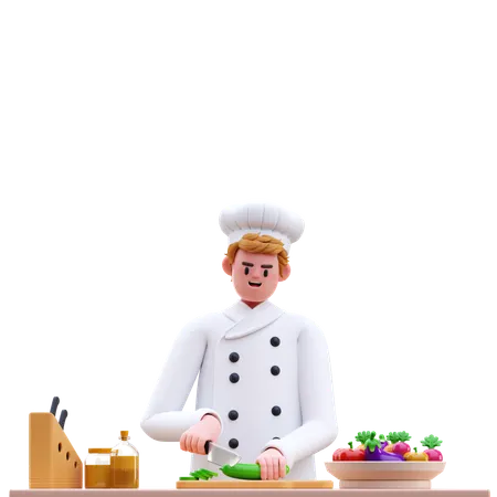 Male Chef Cutting Vegetable  3D Illustration