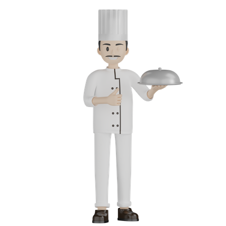 Male Chef Giving Thumbs Up While Holding Cloche  3D Illustration