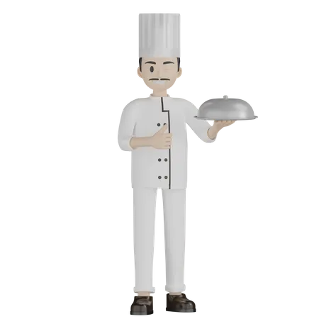 Male Chef Giving Thumbs Up While Holding Cloche  3D Illustration