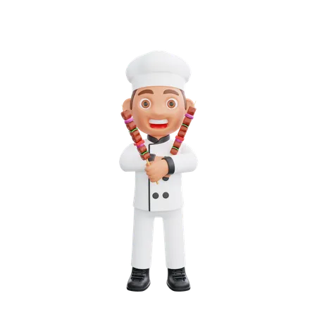 Male Chef holding barbecue stick  3D Illustration