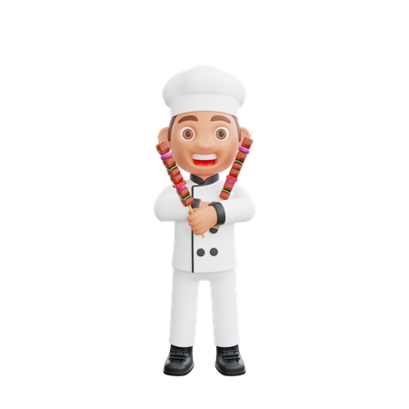 Male Chef holding barbecue stick  3D Icon