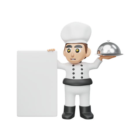 Male Chef Holding Board While Holding Cloche  3D Illustration