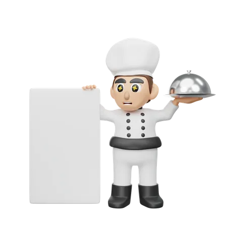 Male Chef Holding Board While Holding Cloche  3D Illustration