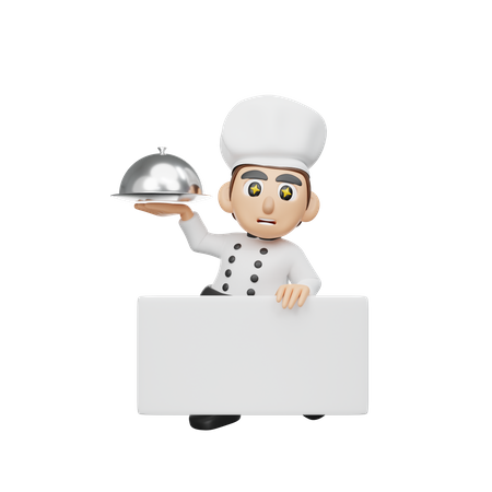 Male Chef Holding Board While Holding Cloche  3D Illustration