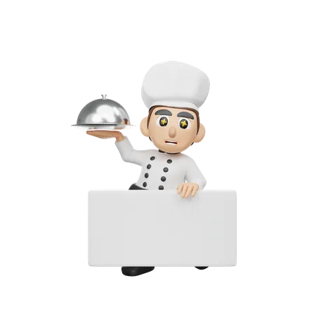 Male Chef Holding Board While Holding Cloche  3D Illustration