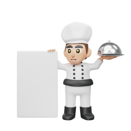 Male Chef Holding Board While Holding Cloche 3D Illustration