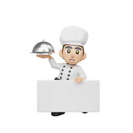 Male Chef Holding Board While Holding Cloche 3D Illustration
