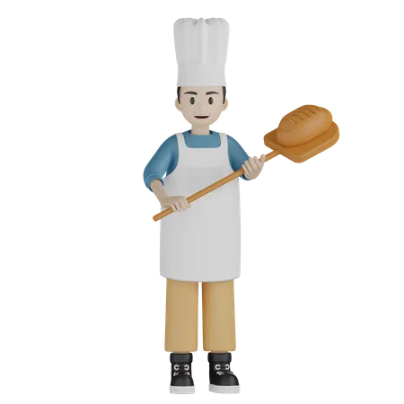 Male chef holding bread for baking 3D Illustration