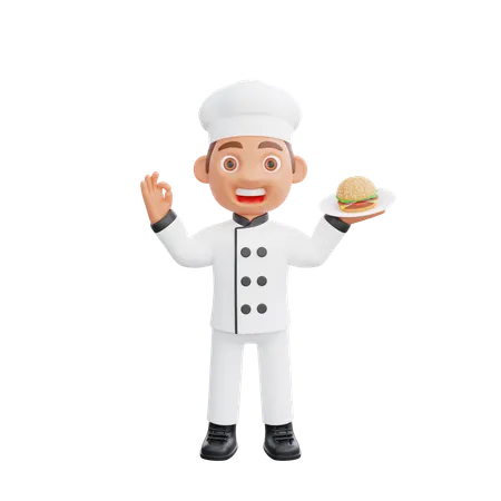 Male Chef Holding Burger and Showing Ok Sign  3D Illustration