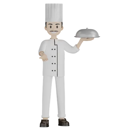 Male Chef Holding Cloche  3D Illustration