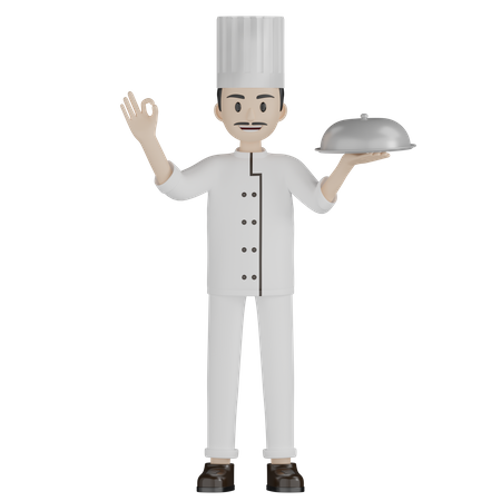 Male Chef Holding Cloche  3D Illustration