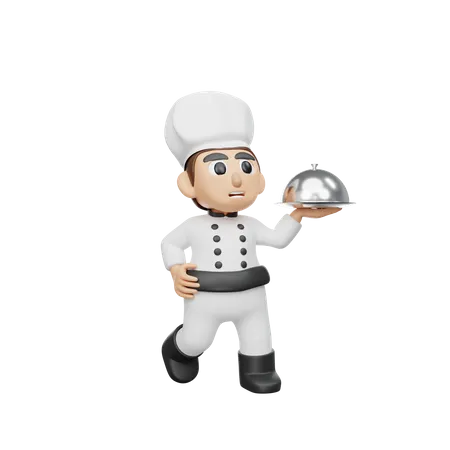 Male Chef Holding Cloche  3D Illustration