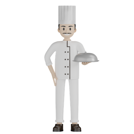 Male Chef Holding Cloche  3D Illustration